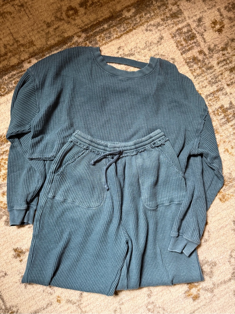 Blue Waffle Knit Lounge Set Joggers and Cropped Long Sleeve Size XS